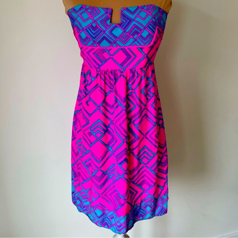 Coming soon. Alice & Trixie hot pink and bright blue silk print mini dress.